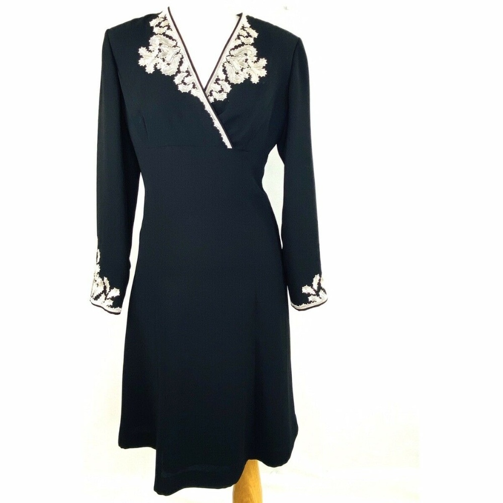 MAGGY LONDON Vint RARE 80s A-line Bell Sleeve V-Neck Dress Sz 6 Embroidered NWOT - Picture 2 of 12